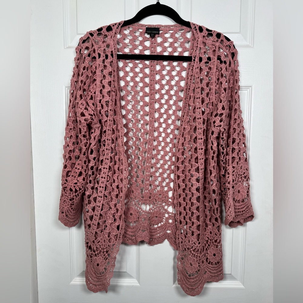Coco + Carmen Dusty Rose Crochet Cardigan S/M 100% Cotton Open Knit Boho